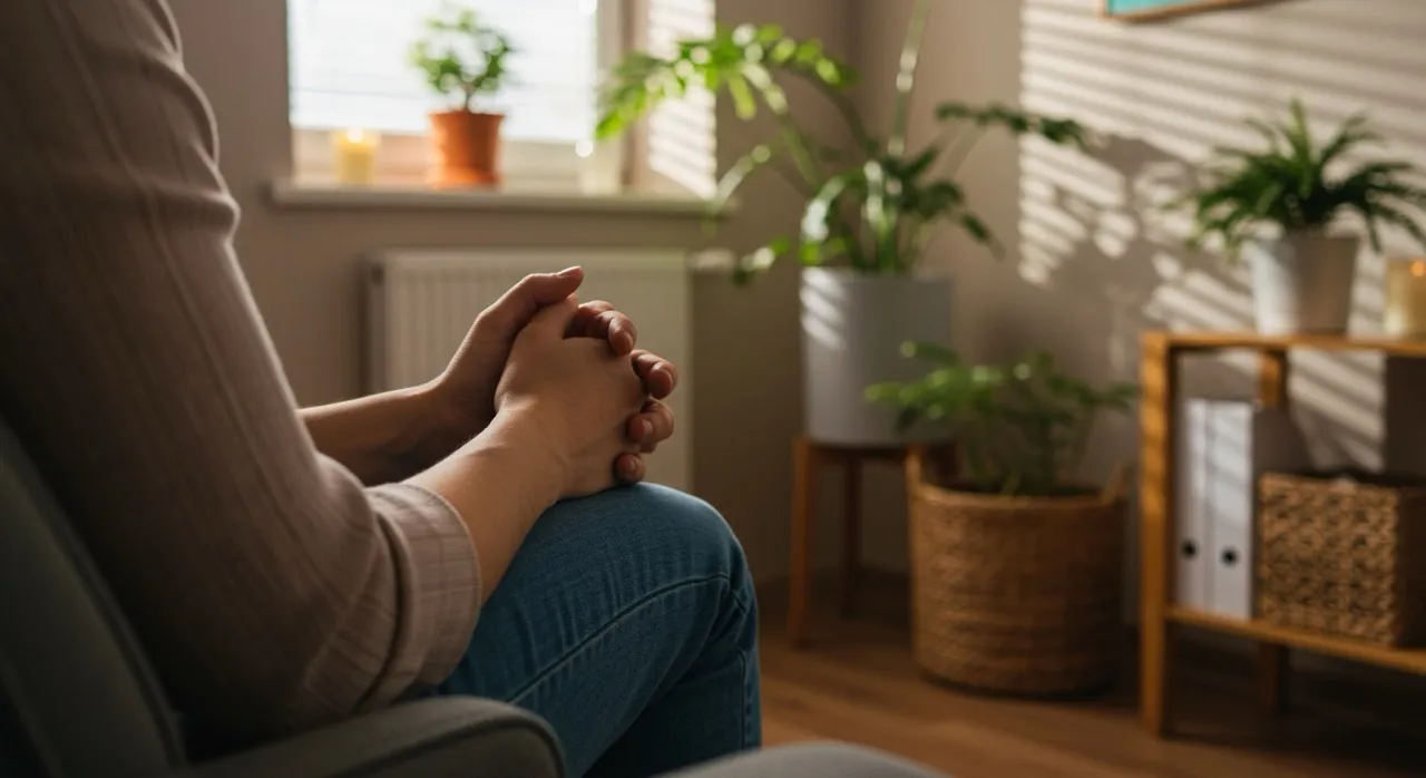 A person sitting with hands gently clasped in a calm, plant-filled therapy room — a moment of pause suggesting therapy as ongoing support beyond crisis.