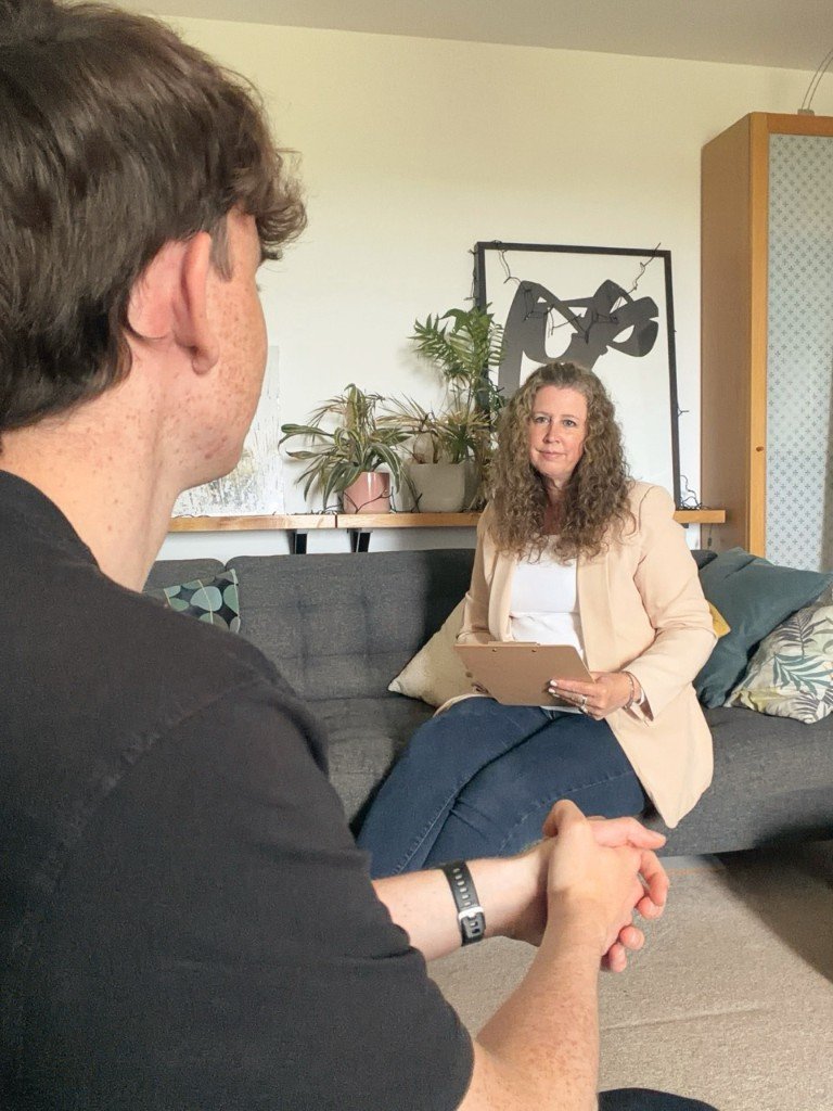 Ally in a calm therapy session — a safe space for anxiety support