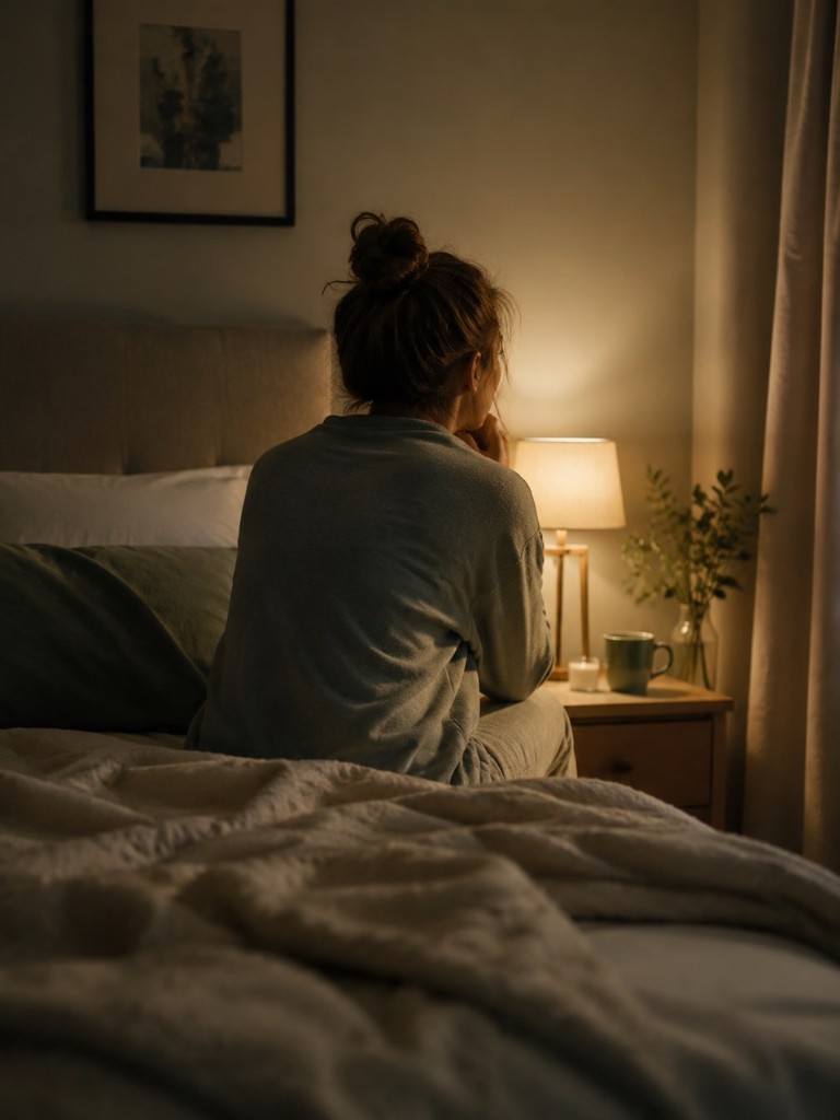 A person sitting on the edge of a bed at night in soft lamplight — restless, overthinking, unable to switch off