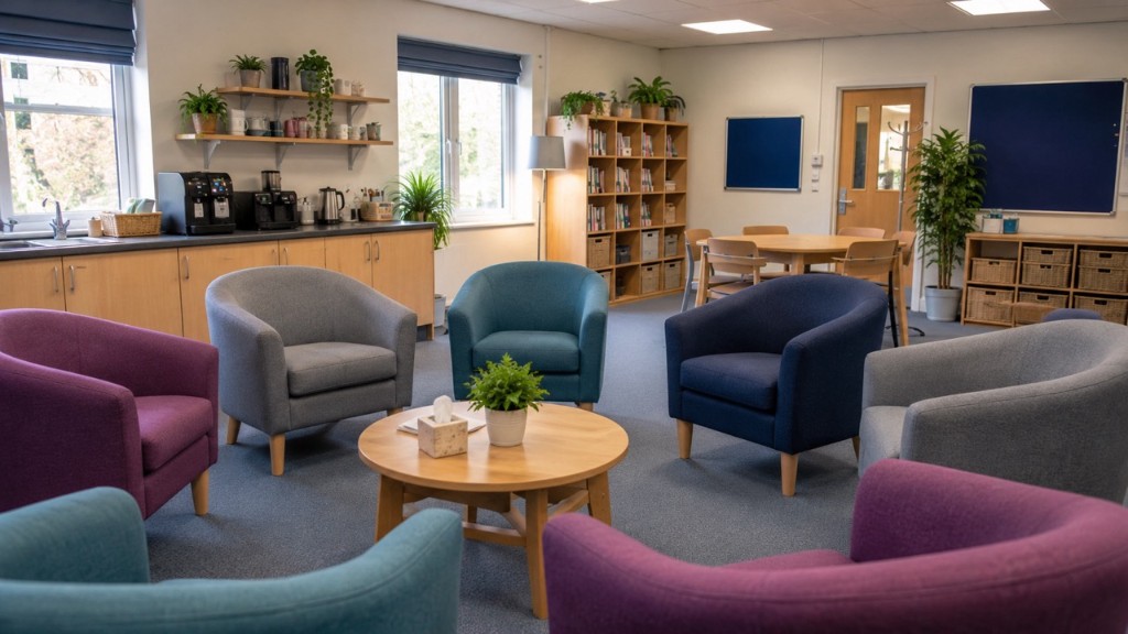 A quiet, weary moment in an empty staffroom
