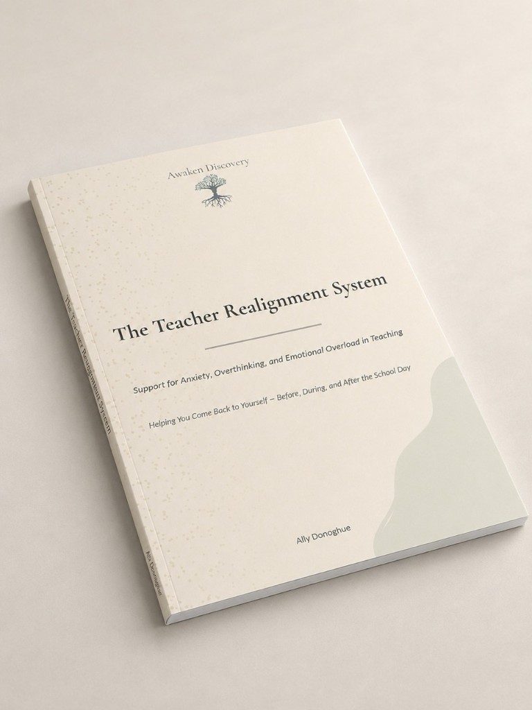 The Teacher Realignment System — guided PDF workbook for teachers on a neutral surface